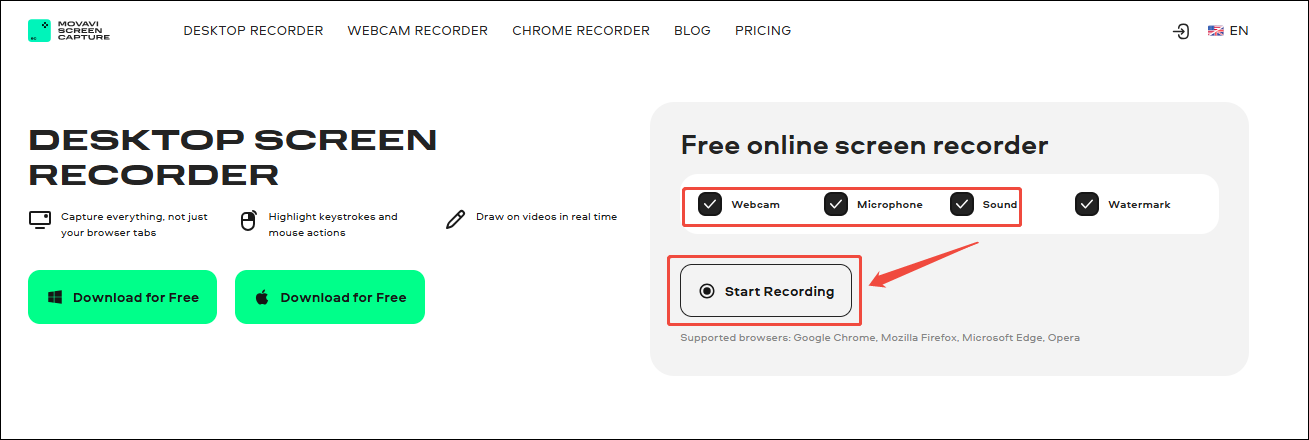 Movavi Screen Capture interface showing how to check or uncheck Webcam, Microphone, and Sound.