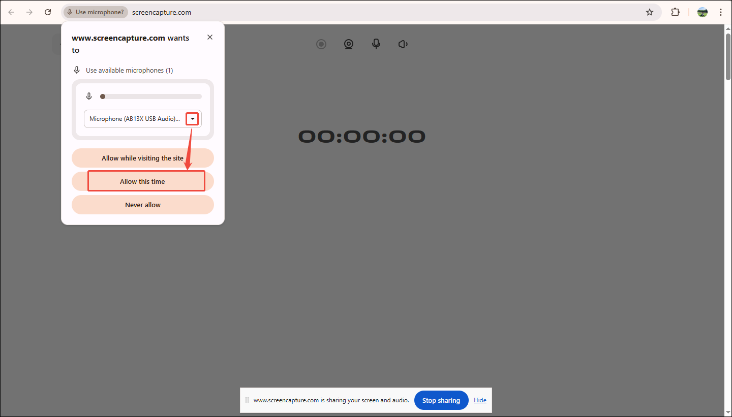 Movavi Screen Capture interface with the Use available microphones option and the Allow this time option marked.