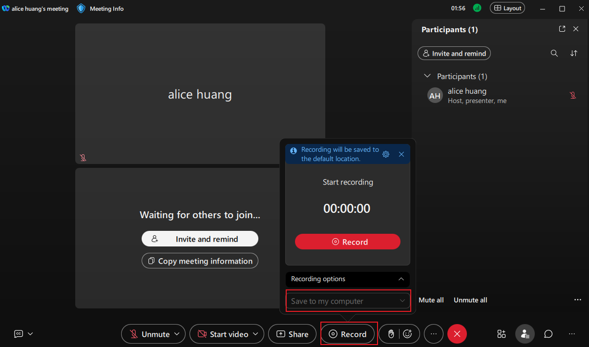 Webex interface with the selected Record and Save to my computer options.