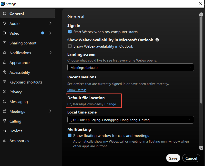Webex Settings window with the selected Default file location icon.