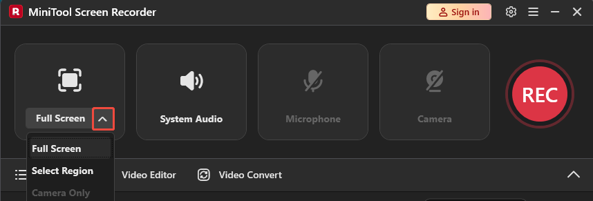 MiniTool Screen Recorder interface with the selected Arrow icon next to the Full Screen option.