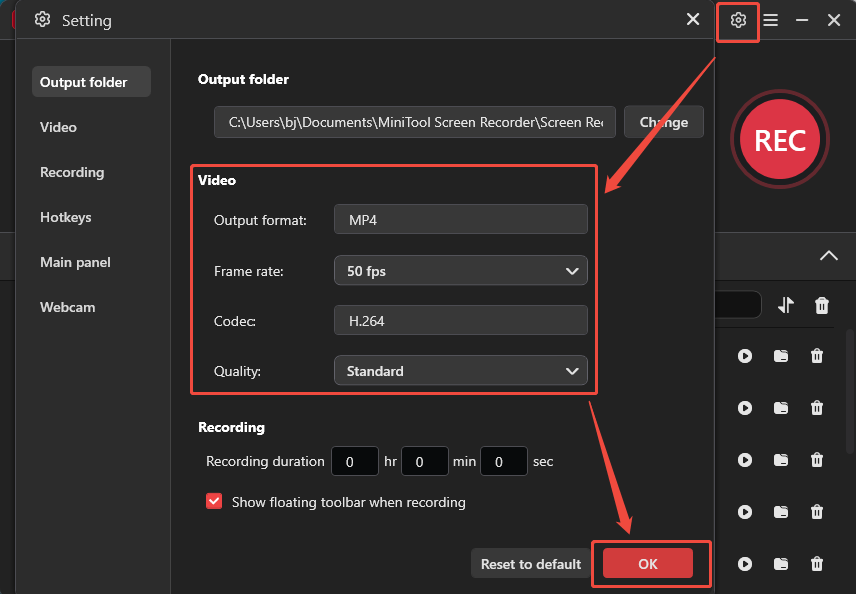 MiniTool Screen Recorder Setting window showing how to customize the frame rate and video quality.