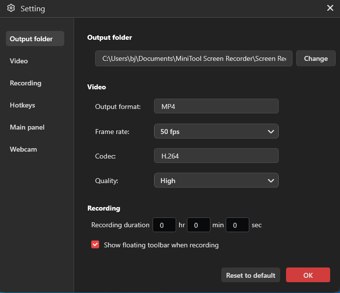An example recording settings window of MiniTool Screen Recorder.