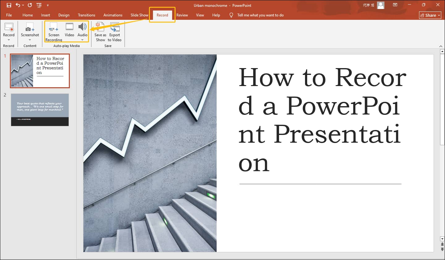 PowerPoint Record tab interface with the Auto-play section selected.