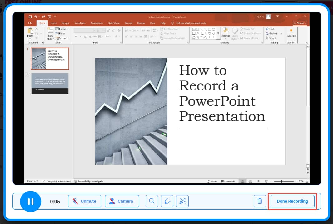 Online Screen Recorder interface with the Done Recording button selected to end the recording.