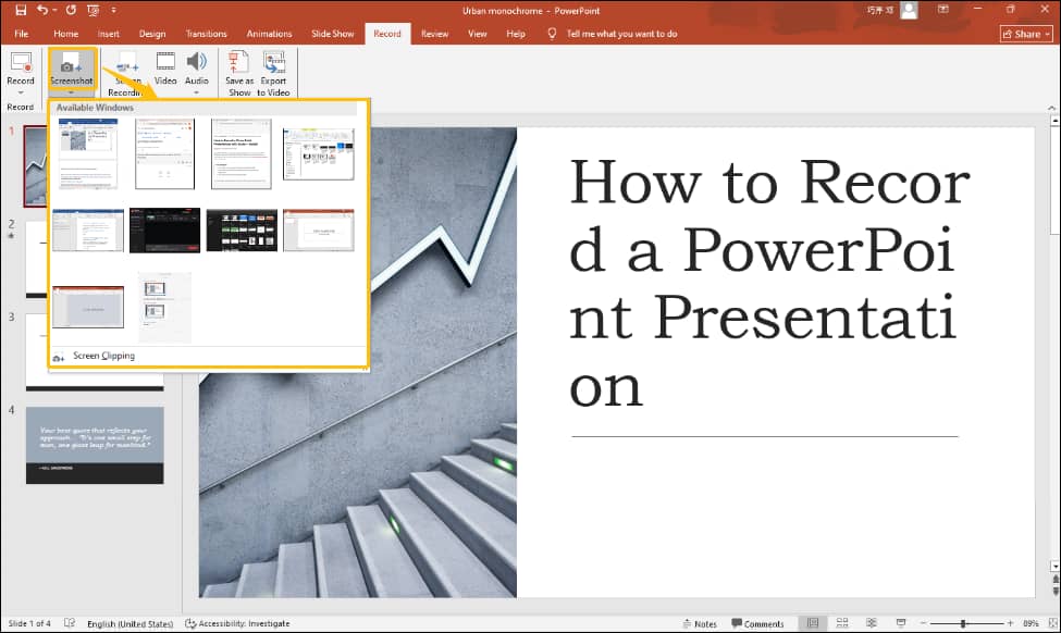 PowerPoint interface with the Screenshot option selected under the Record tab.
