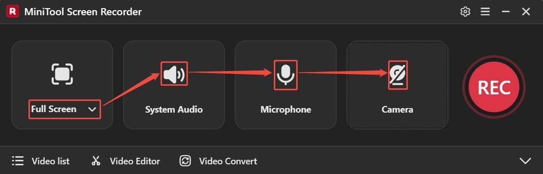 MiniTool Screen Recorder interface showing how to pick the area and toggle system audio, mic, and webcam.