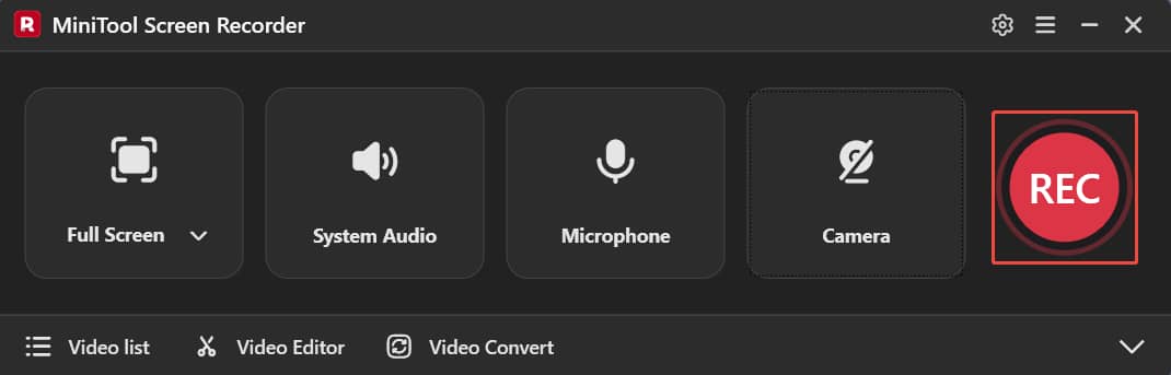 MiniTool Screen Recorder interface with the REC button selected.