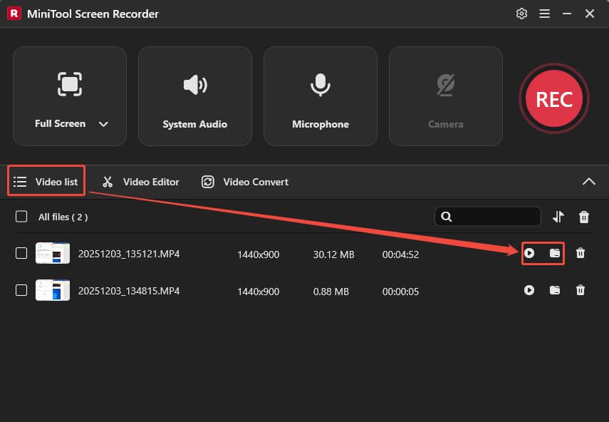 MiniTool Screen Recorder interface showing how to check or locate the recorded video.