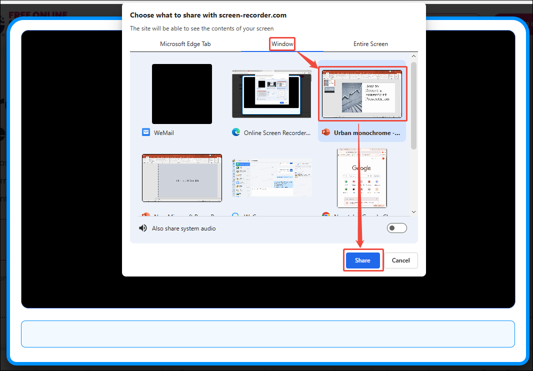 Online Screen Recorder interface showing how to select the recording area.