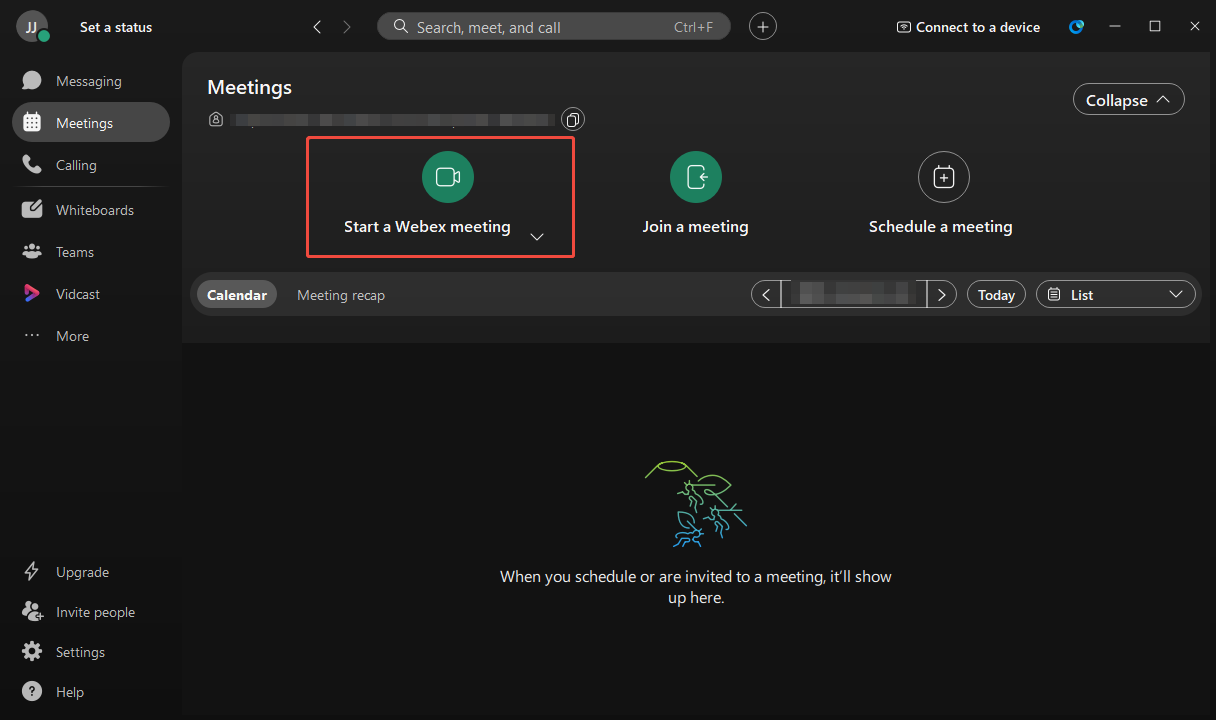 Webex interface with the Start a Webex meeting option selected.