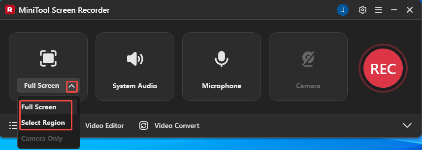 MiniTool Screen Recorder interface with the recording selection option selected.