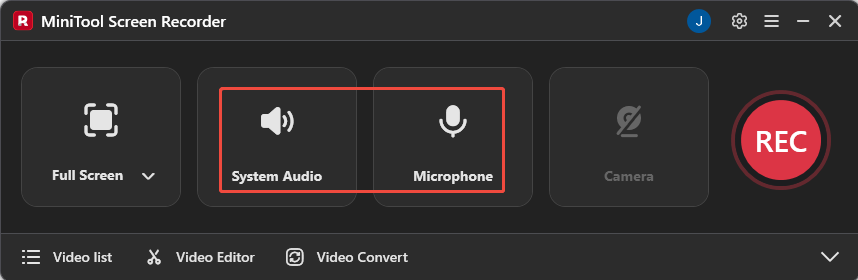 MiniTool Screen Recorder interface with the System Audio icon and the Microphone icon selected.