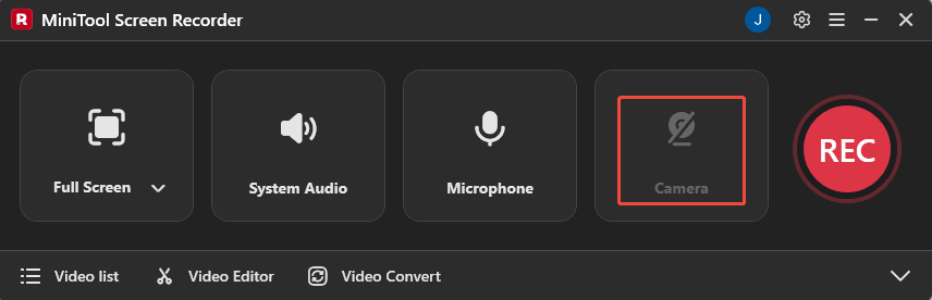 MiniTool Screen Recorder interface with the Camera icon selected.