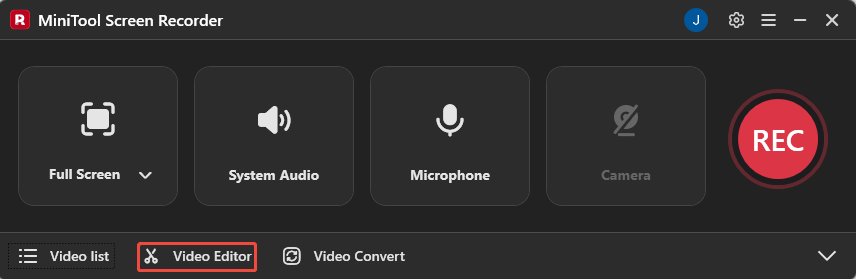 MiniTool Screen Recorder with the Video Editor option selected.