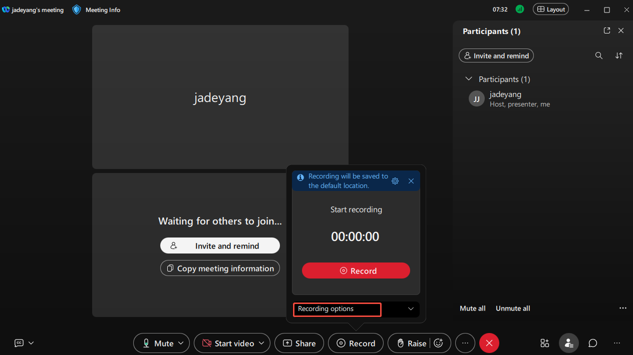 Webex meeting interface with Recording options selected.