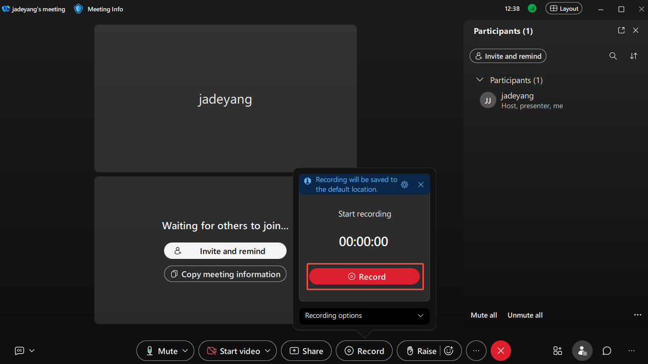 Webex meeting interface with the Record button selected.