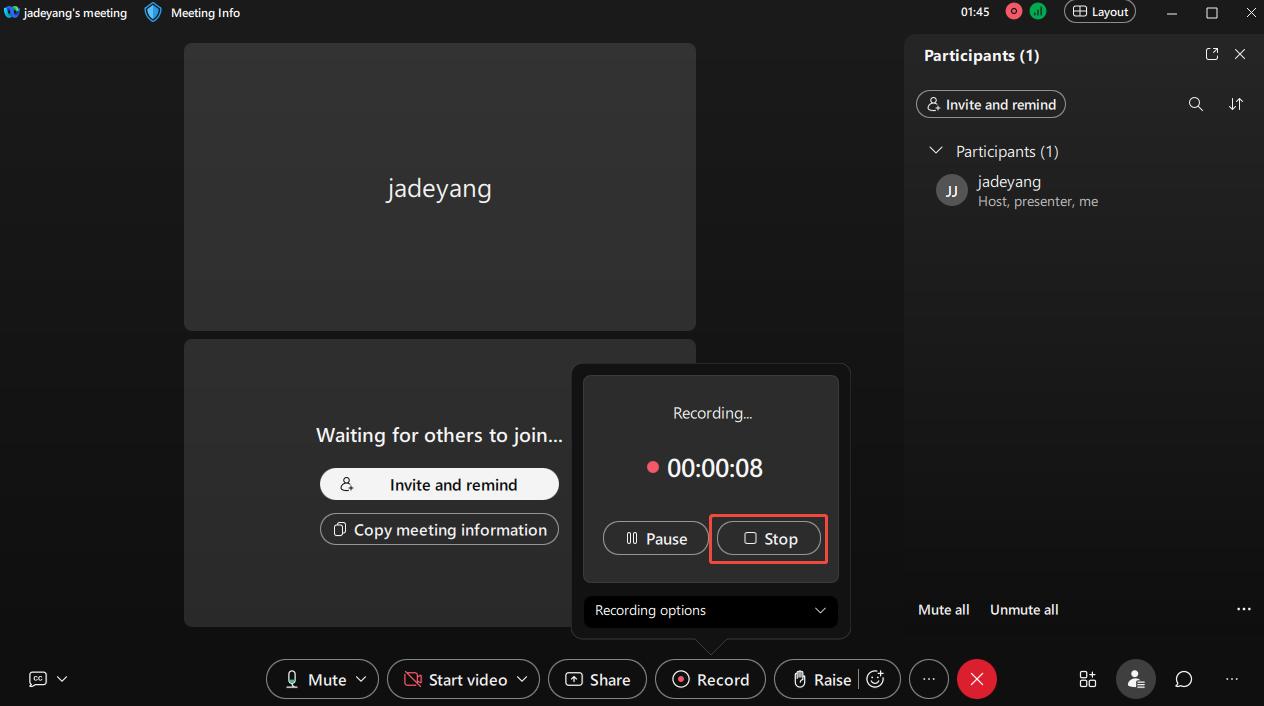 Webex meeting interface with the Stop button selected.