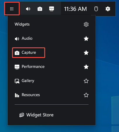 The Xbox Game Bar interface with the Widget Menu icon and the Capture option selected.
