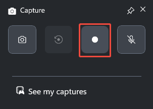 The Capture panel of the Xbox Game Bar with the Start recording icon selected.