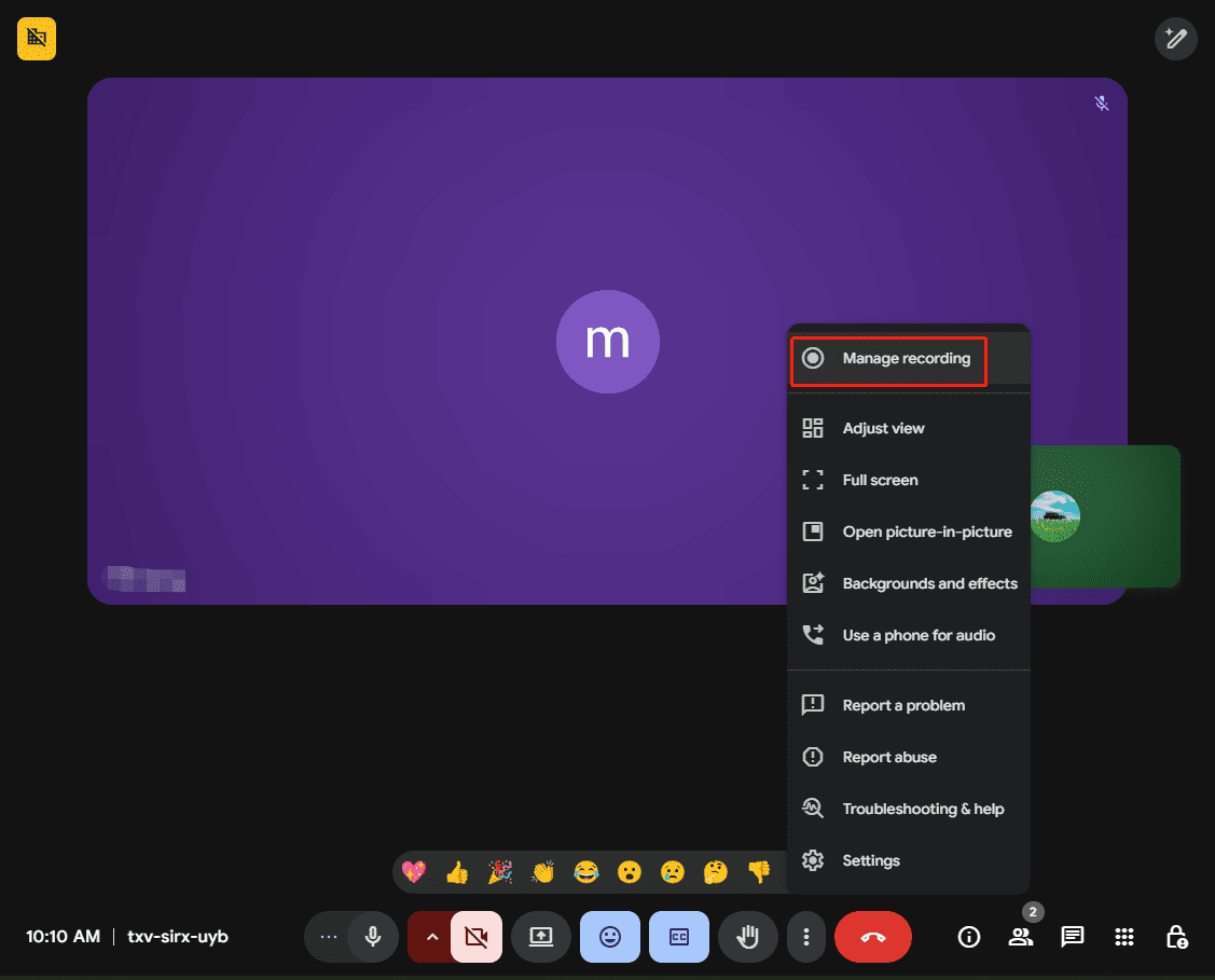 Google Meet interface with the selected Manage recording option from the More options menu.