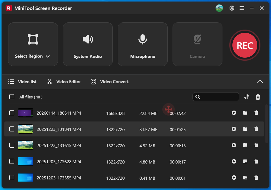 The Video list section in the MiniTool Screen Recorder.