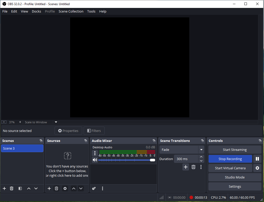 The main user interface of OBS Studio.