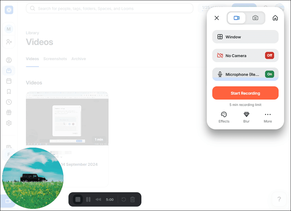 The interface of the Loom Chrome extension recorder.