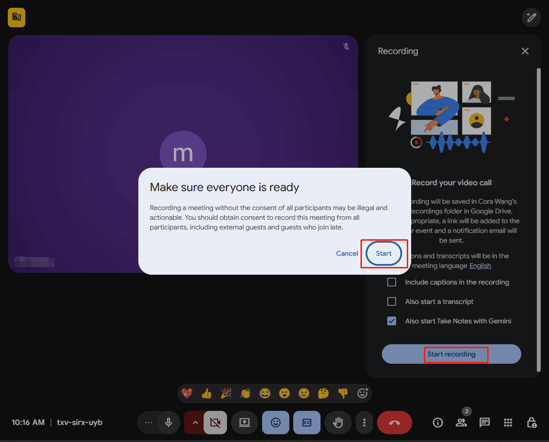 Google Meet interface showing how to record a meeting.