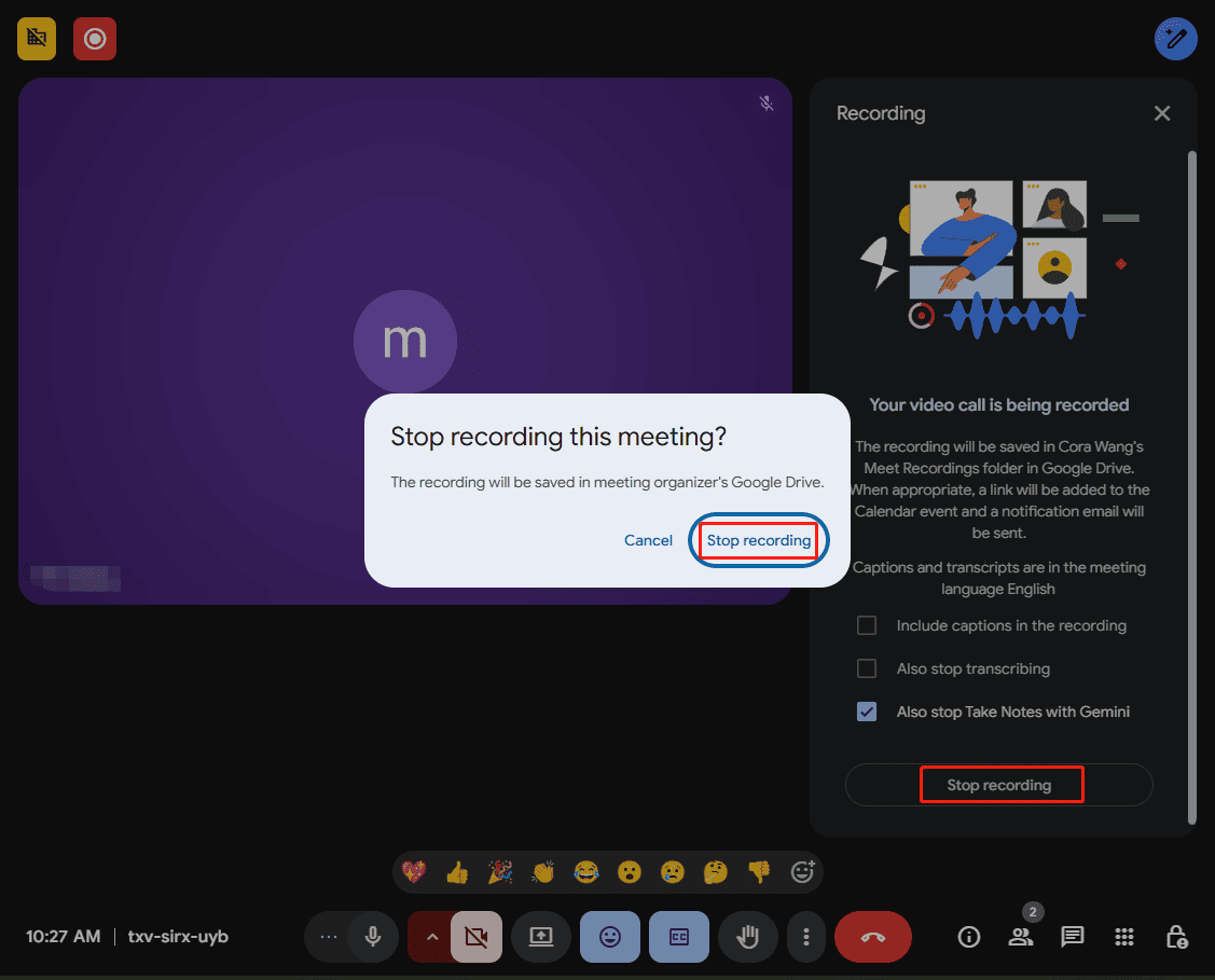 Google Meet interface showing how to stop the meeting recording.