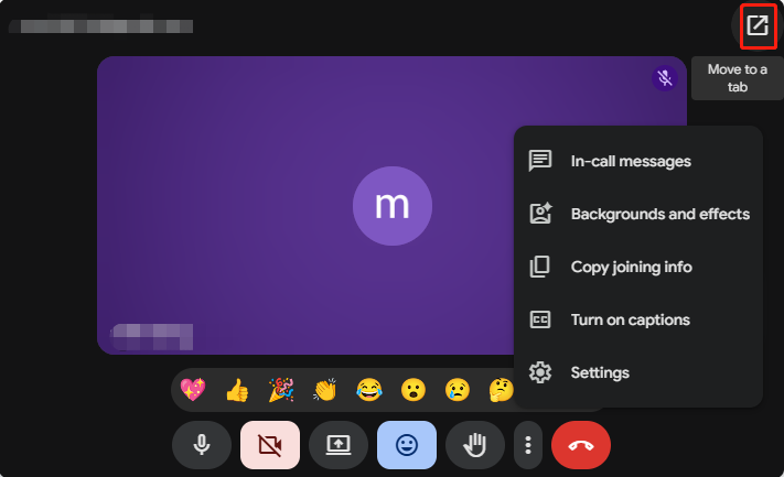 The selected Move to a tab icon on the voice call in Google Meet.