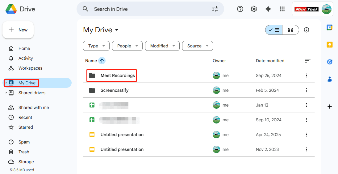 Google Drive interface showing how to find the Meet Recordings folder.