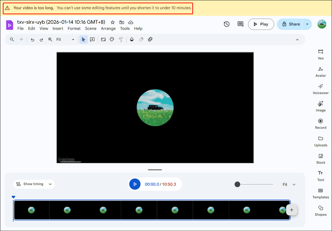 The video is too long error message at the top of the Google Vids interface.