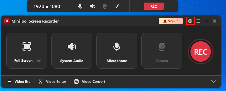 MiniTool Screen Recorder interface with the highlighted Settings icon.