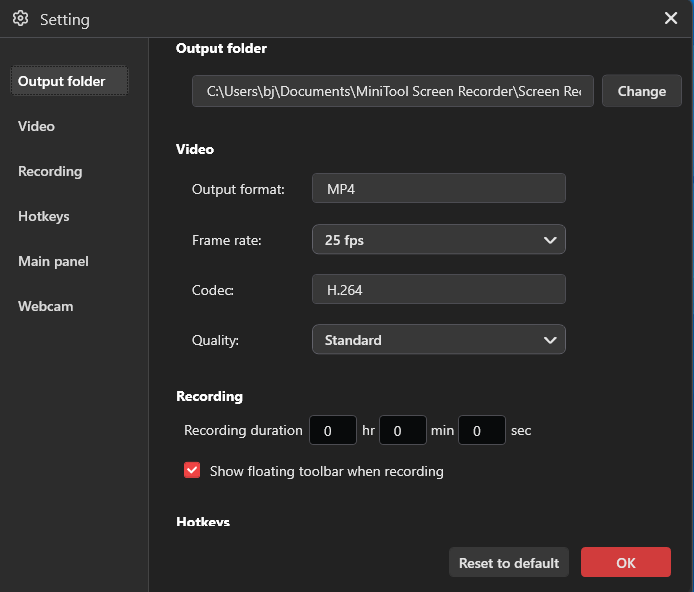 The Settings window of MiniTool Screen Recorder.