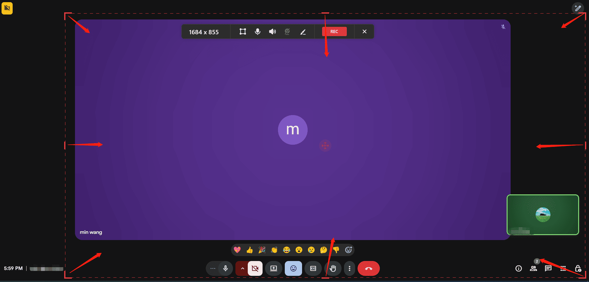 MiniTool Screen Recorder interface showing how to choose the recording area on Google Meet.