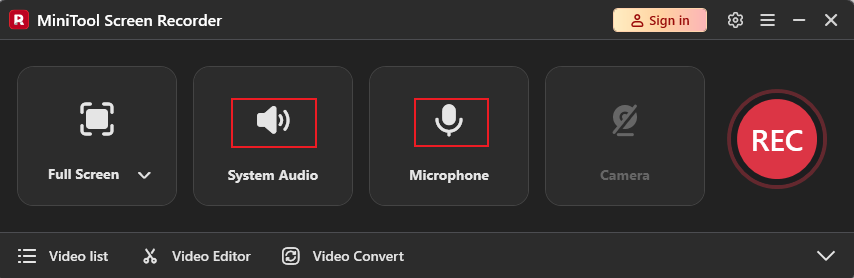 MiniTool Screen Recorder interface with the System Audio and Microphone option selected to control the audio.