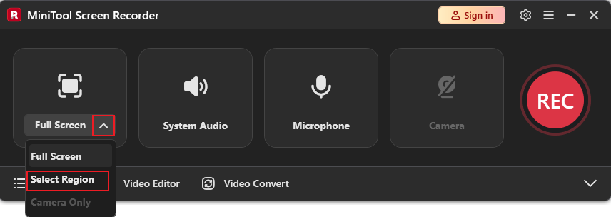 MiniTool Screen Recorder interface with the Select Region option selected from the dropdown Full Screen menu.