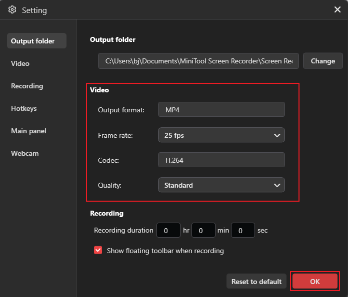 MiniTool Screen Recorder interface showing how to customize the output parameters and with the OK option selected.
