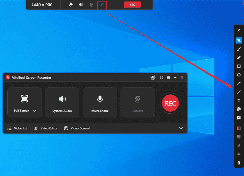 MiniTool Screen Recorder interface showing how to open the screen annotation column.
