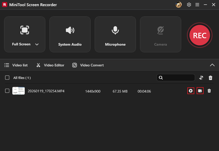 The selected Play and Folder icons on the right side of the MSR Video list section.