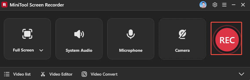 MiniTool Screen Recorder interface with the selected REC button.