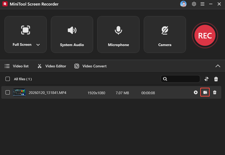 MiniTool Screen Recorder interface with the file icon selected.