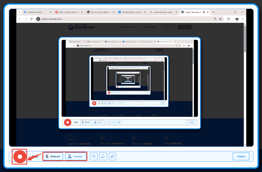 Free Online Screen Recorder interface showing how to enable voiceover and camera to begin recording.