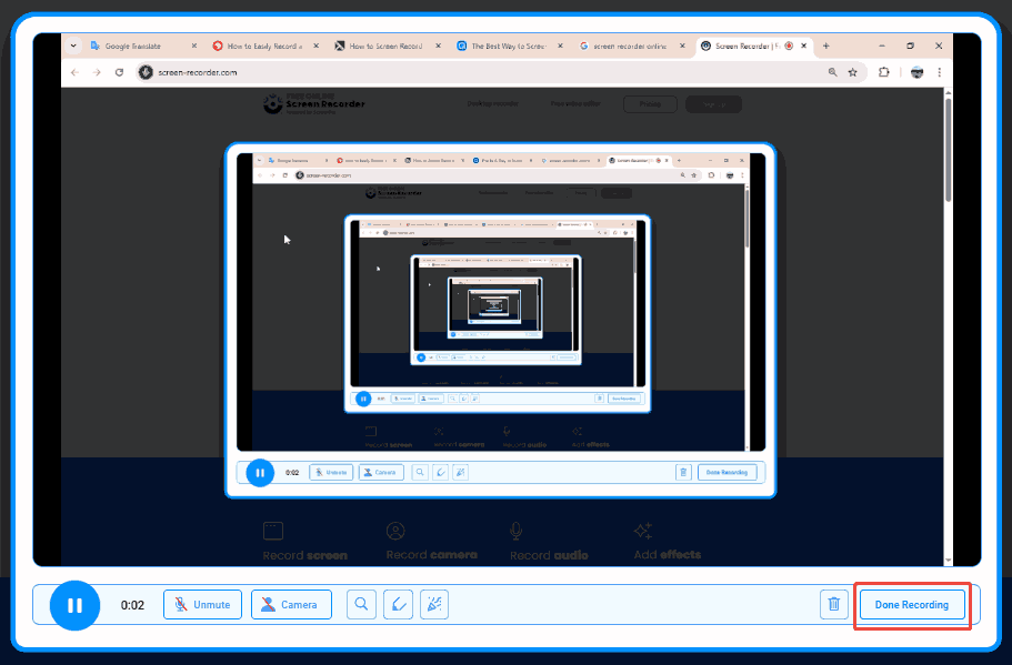 Free Online Screen Recorder interface with the Done Recording option selected.