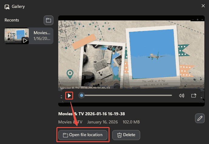 Xbox Game Bar Gallery window with the Play icon and the Open file location option selected.