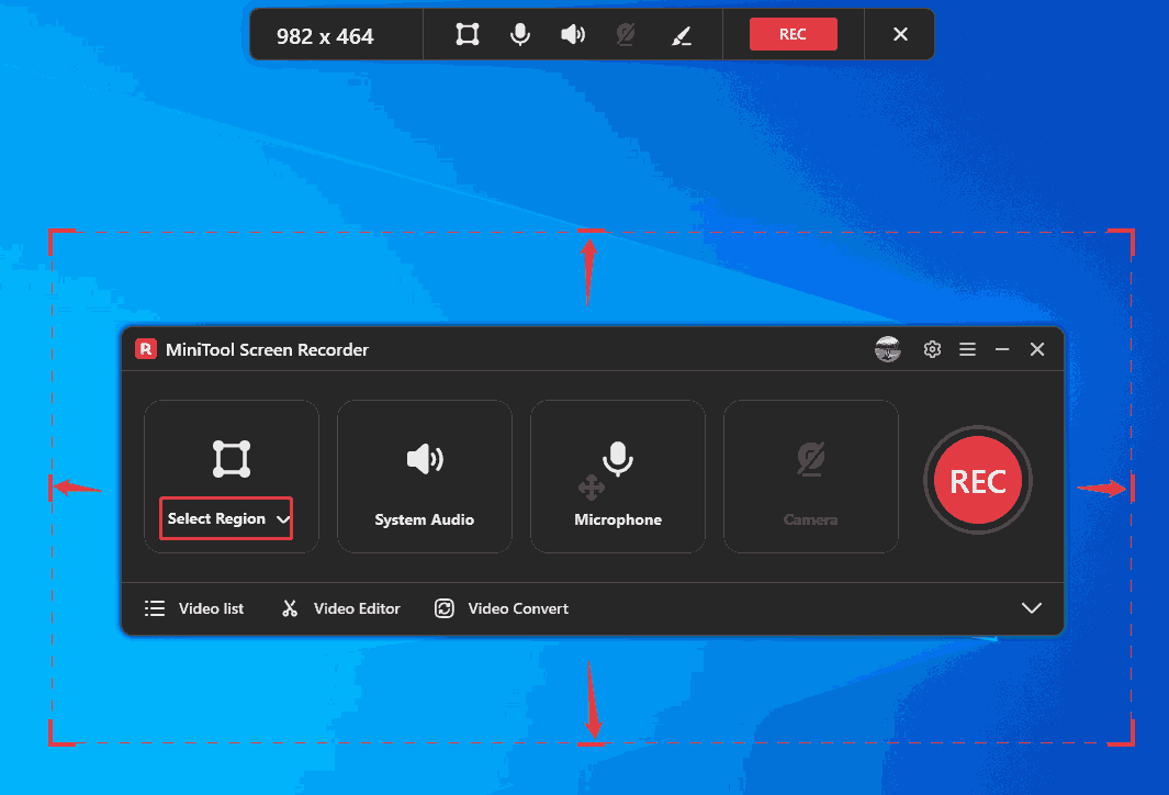 MiniTool Screen Recorder interface with the Selected Region selected.