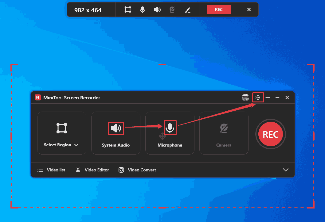 MiniTool Screen Recorder interface with the System Audio icon, the Microphone icon, and the Settings icon selected.