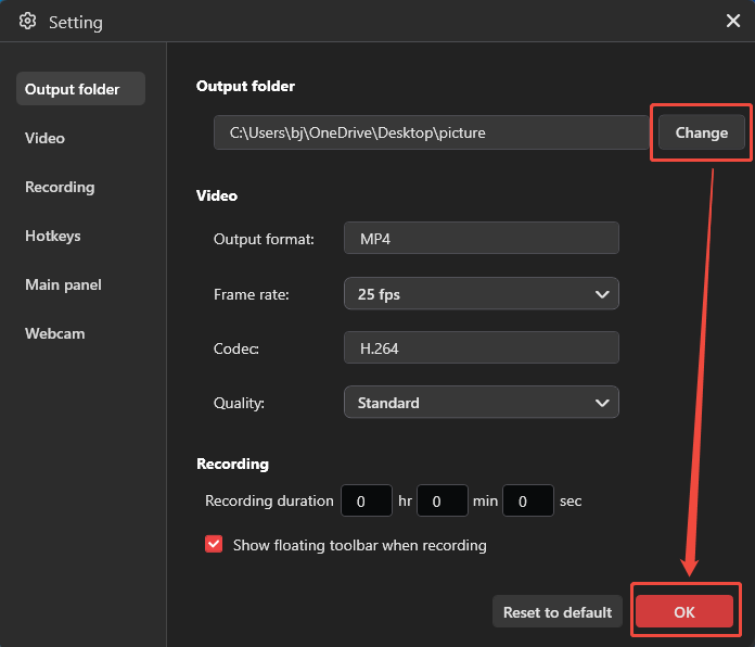 MiniTool Screen Recorder Settings window with the Change button and the OK button selected.