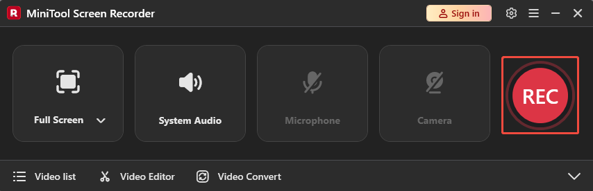 MiniTool Screen Recorder interface with the REC button selected.